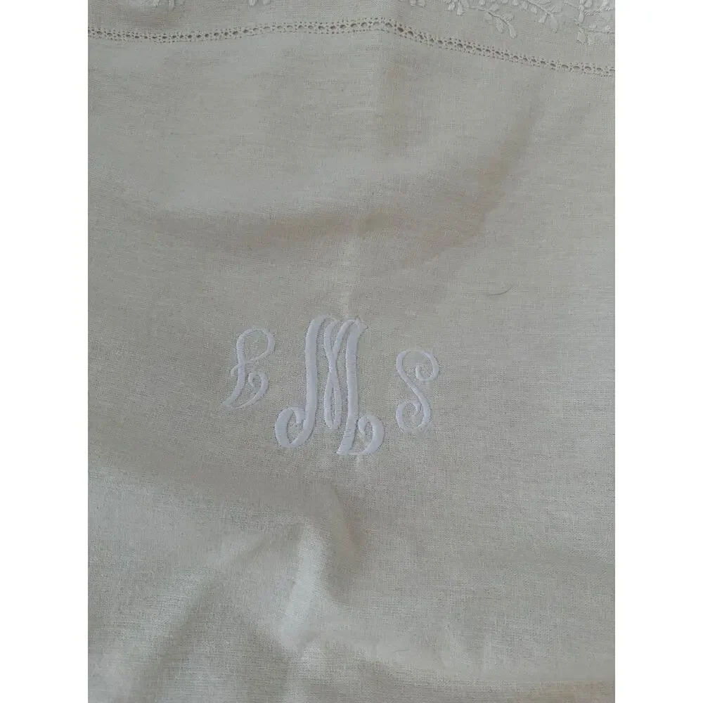 Vintage Pottery Barn Linen Cotton Pillow Shams Ecru Beige embroidered monogram